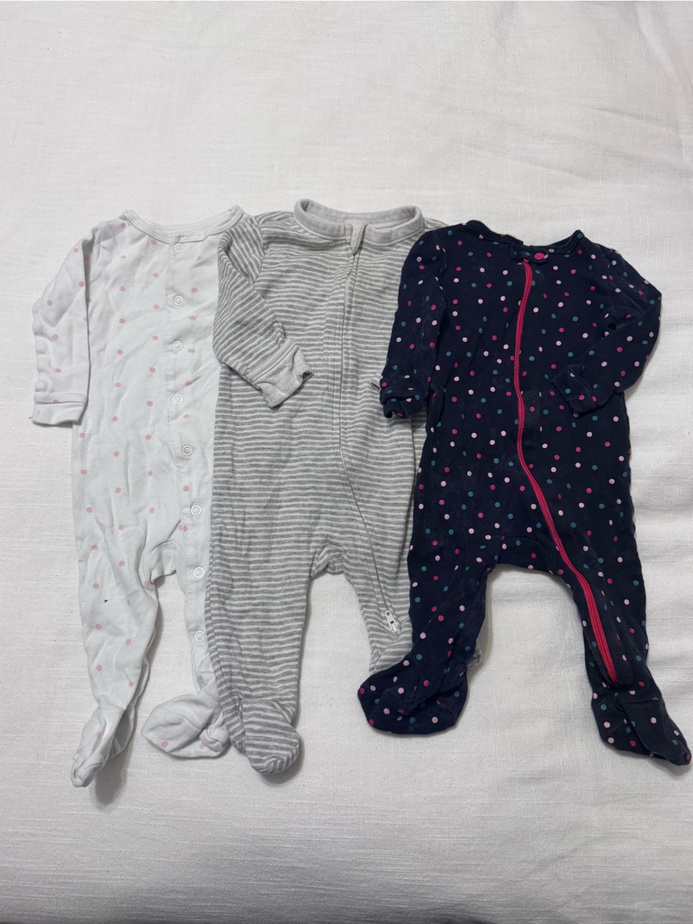 Joe Fresh Navy Polka Dot, Gray Stripe & White Pink Dot Baby Footie Set